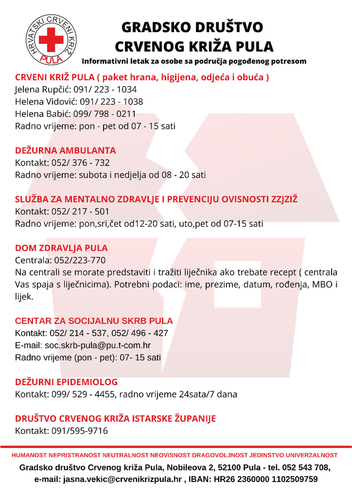 Gradsko duštvo Crvenog križa Pula pruža psihosocijalnu pomoć nastradalima u potresu