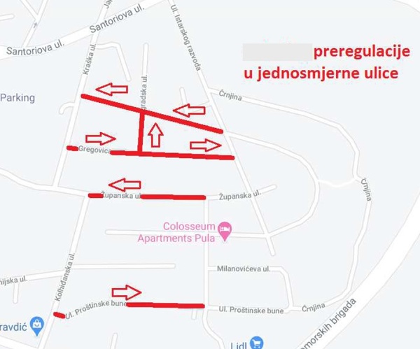 Prikaz preregulacije u naselju Gregovica - uvođenje jednosmjernog prometovanja