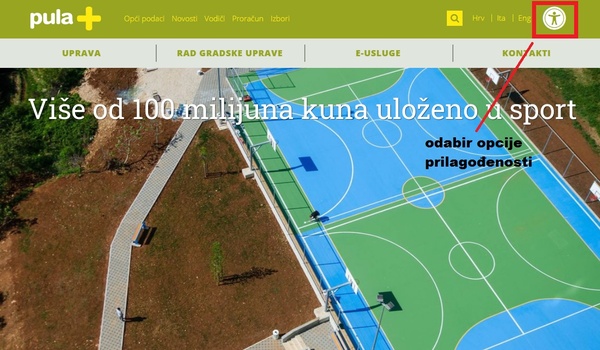 Prikaz odabira opcije za prilagođenost u gornjem desnom uglu web stranice Grada Pule - Pola
